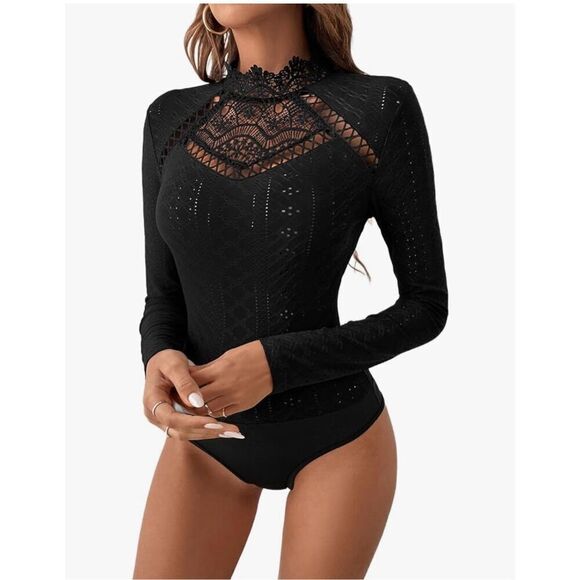NEW Mock Neck Long Sleeve Lace Embroidered Slim Fit Bodysuit S - Picture 1 of 6